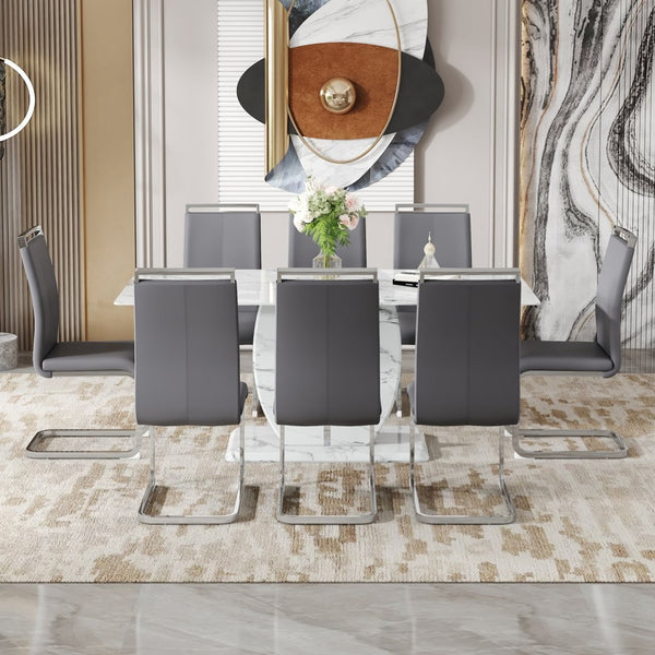English Elm Table Modern Marble Dining Set - Elegant 71"X35.4" Table With 8 Dark Gray Pu Chairs & Metal Legs W1151S02119-GIGA