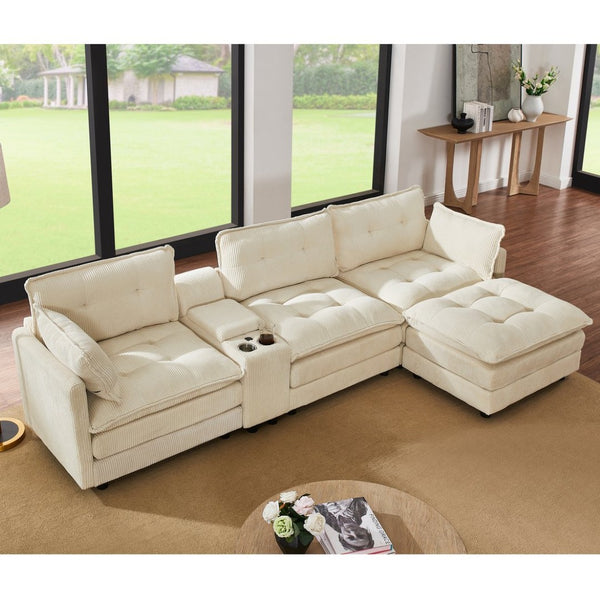 English Elm 119" Tufted Corduroy L-shaped Sectional with Ottoman Console Usb Charging 4 Seat Beige W1998S00100