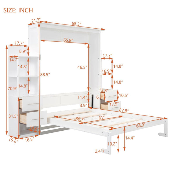English Elm Queen Murphy Wall Bed with Led Lighting Open Shelves Drawers Space Saving Cabinet White LP000566AAK-3