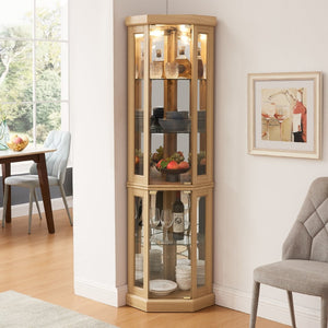 English Elm Corner Curio Cabinet Lighted Glass Display Case with Mirrored Back for Living Room Light Oak W2275P194430