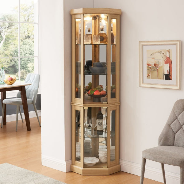 English Elm Corner Curio Cabinet Lighted Glass Display Case with Mirrored Back for Living Room Light Oak W2275P194430