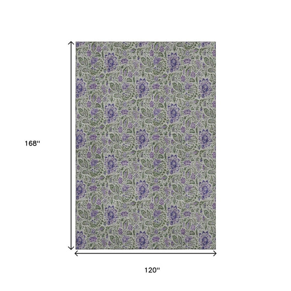 HomeRoots 10' Olive Green & Purple Floral Area Rug - Washable, UV Protected, Durable for High-Traffic Rooms 655000