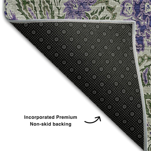 HomeRoots 10' Olive Green & Purple Floral Area Rug - Washable, UV Protected, Durable for High-Traffic Rooms 655000