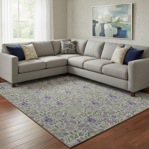 HomeRoots 10' Olive Green & Purple Floral Area Rug - Washable, UV Protected, Durable for High-Traffic Rooms 655000