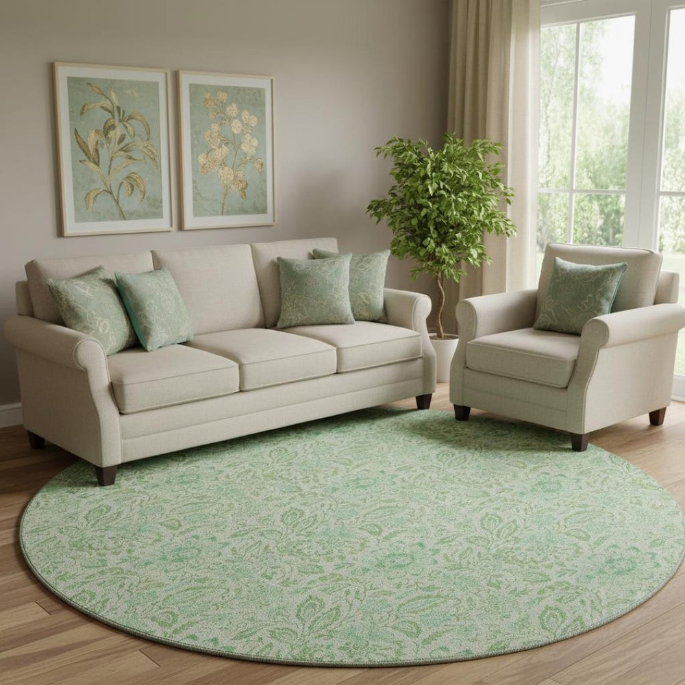 HomeRoots 8' Sage and Ivory Floral Round Rug – Washable, UV-Protected, Durable Design for Every Home Space 655003