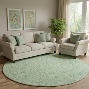 HomeRoots 8' Sage and Ivory Floral Round Rug – Washable, UV-Protected, Durable Design for Every Home Space 655003