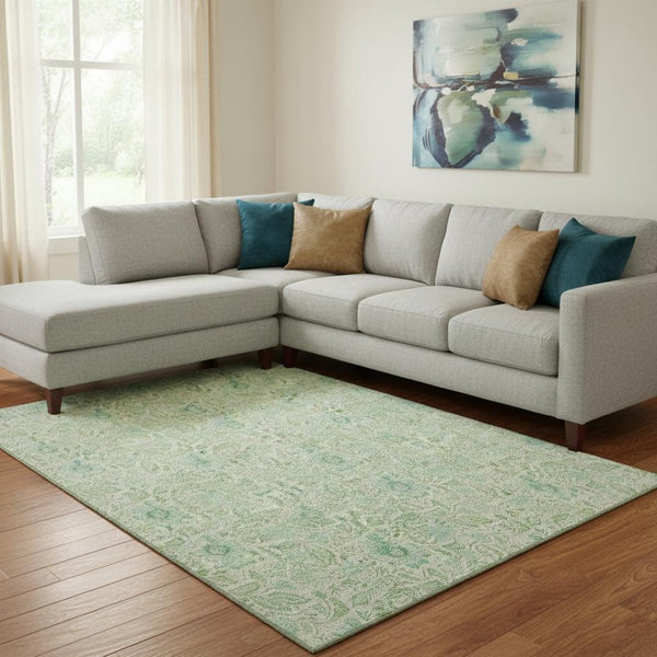 HomeRoots 8' X 10' Sage Floral Area Rug - Washable, Stain-Resistant with UV Protection for Stylish Durability 655004