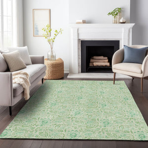 HomeRoots 10' X 14' Sage Ivory Floral Area Rug - Washable, UV Protected, Durable Elegance for Any Space 655006