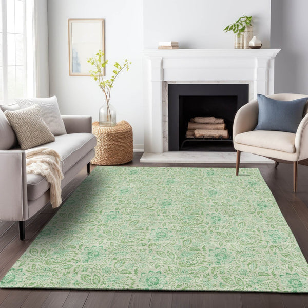 HomeRoots 10' X 14' Sage Ivory Floral Area Rug - Washable, UV Protected, Durable Elegance for Any Space 655006