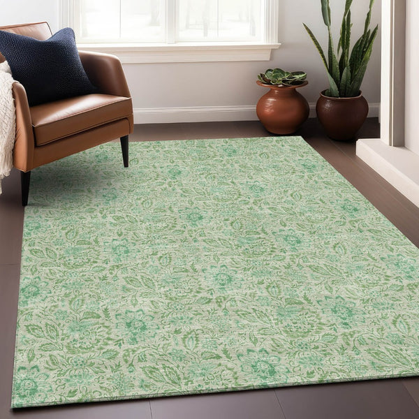 HomeRoots 10' X 14' Sage Ivory Floral Area Rug - Washable, UV Protected, Durable Elegance for Any Space 655006