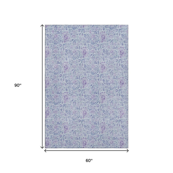 HomeRoots 5' X 8' Sky Blue & Purple Floral Washable Area Rug - UV Resistant, Stain-Proof, Durable & Stylish 655008