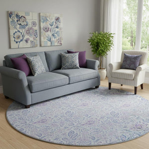 HomeRoots 8' Sky Blue & Purple Floral Round Rug - Washable, Stain Resistant, UV Protected for Busy Homes 655009