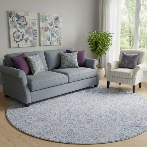 HomeRoots 8' Sky Blue & Purple Floral Round Rug - Washable, Stain Resistant, UV Protected for Busy Homes 655009
