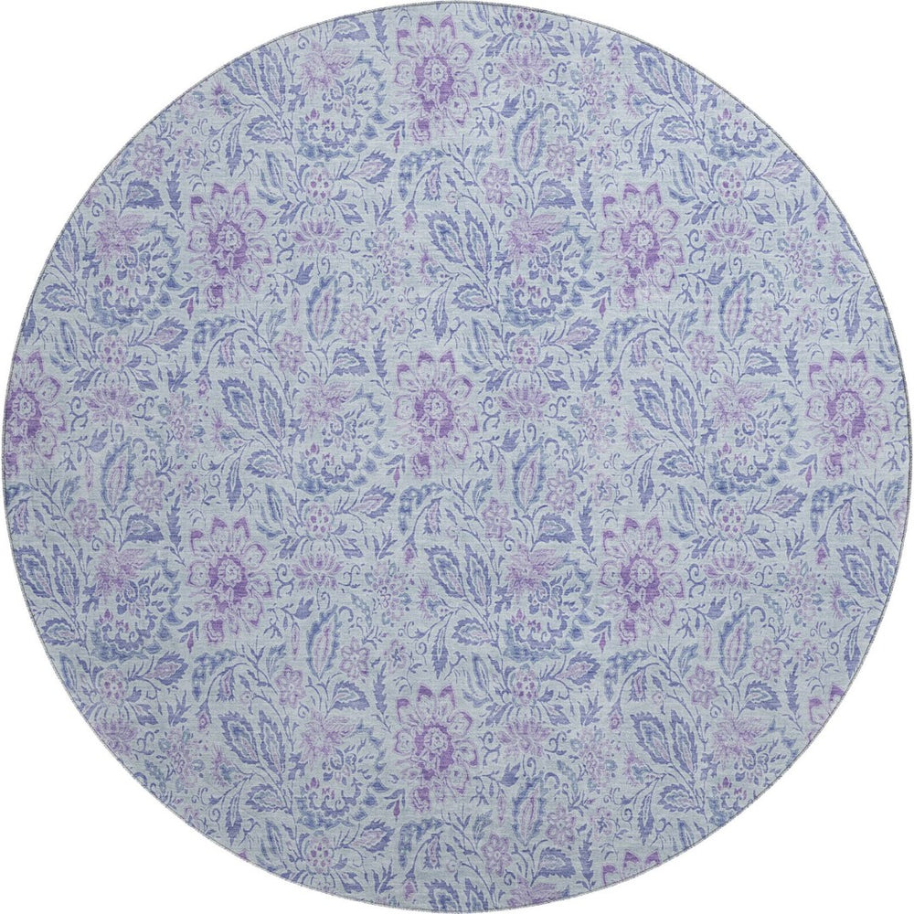 HomeRoots 8' Sky Blue & Purple Floral Round Rug - Washable, Stain Resistant, UV Protected for Busy Homes 655009