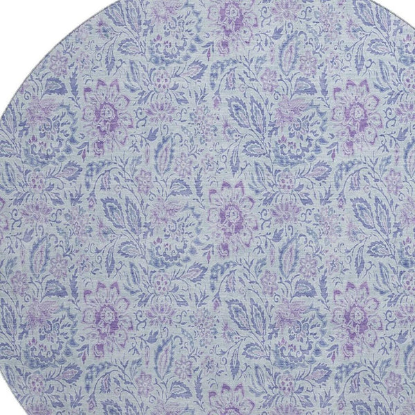 HomeRoots 8' Sky Blue & Purple Floral Round Rug - Washable, Stain Resistant, UV Protected for Busy Homes 655009