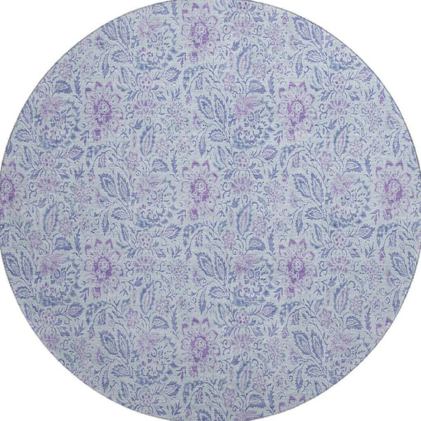 HomeRoots 8' Sky Blue & Purple Floral Round Rug - Washable, Stain Resistant, UV Protected for Busy Homes 655009