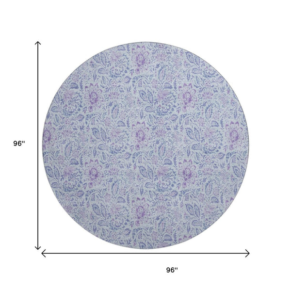 HomeRoots 8' Sky Blue & Purple Floral Round Rug - Washable, Stain Resistant, UV Protected for Busy Homes 655009