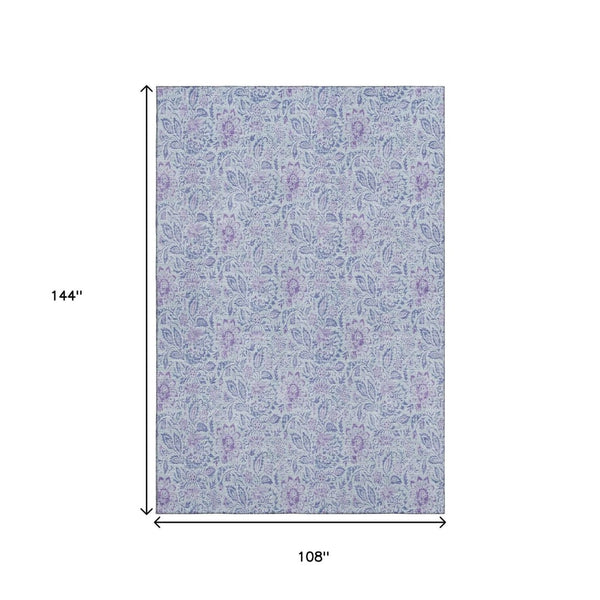 HomeRoots 9' X 12' Floral Area Rug in Sky Blue & Purple - Washable, Stain Resistant, UV Protected & Soft 655011