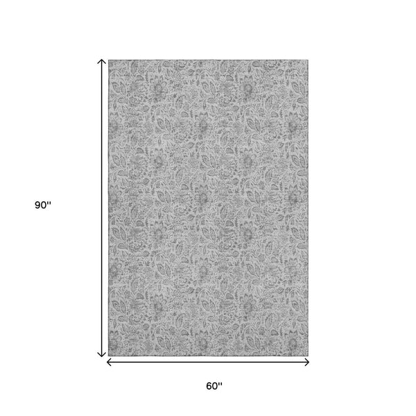 HomeRoots 5' X 8' Silver and Gray Floral Area Rug - Washable, Stain-Resistant, UV Protected for Everyday Use 655014