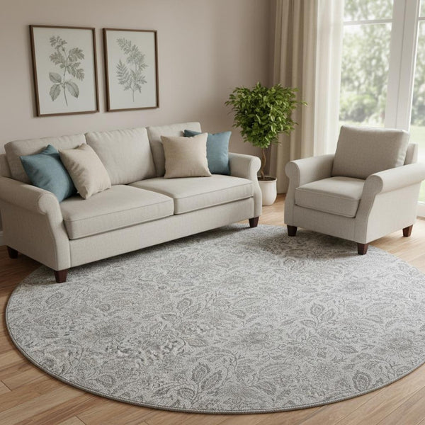 HomeRoots 8' Silver and Gray Floral Washable Round Rug - Durable, UV-Protected, Family-Friendly Design for Any Space 655015