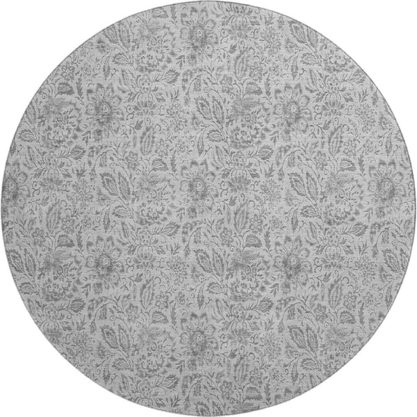 HomeRoots 8' Silver and Gray Floral Washable Round Rug - Durable, UV-Protected, Family-Friendly Design for Any Space 655015