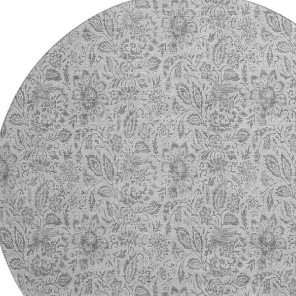 HomeRoots 8' Silver and Gray Floral Washable Round Rug - Durable, UV-Protected, Family-Friendly Design for Any Space 655015