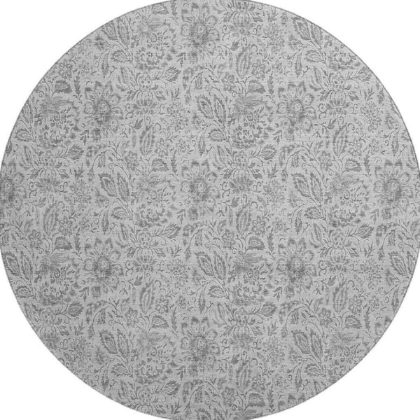 HomeRoots 8' Silver and Gray Floral Washable Round Rug - Durable, UV-Protected, Family-Friendly Design for Any Space 655015