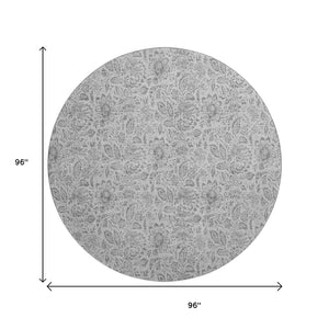 HomeRoots 8' Silver and Gray Floral Washable Round Rug - Durable, UV-Protected, Family-Friendly Design for Any Space 655015