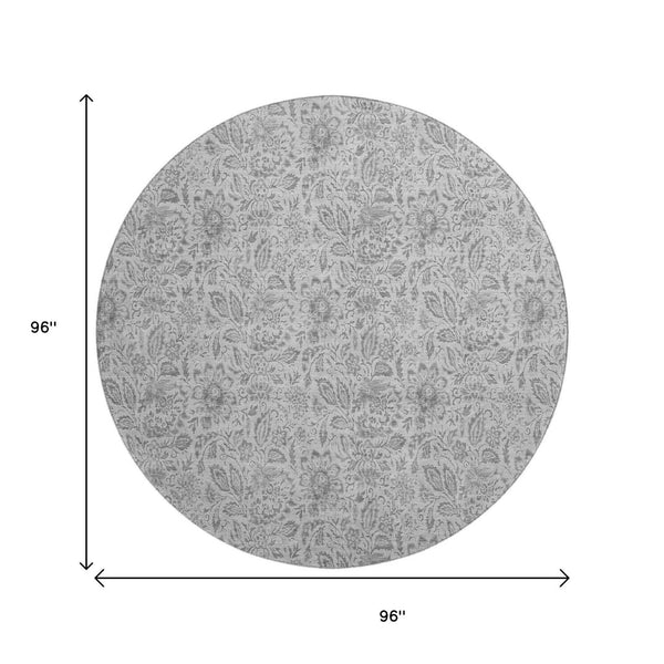 HomeRoots 8' Silver and Gray Floral Washable Round Rug - Durable, UV-Protected, Family-Friendly Design for Any Space 655015