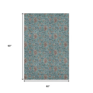 HomeRoots 5' X 8' Teal and Brown Floral Washable Area Rug - Durable, UV-Protected, Stain-Resistant Design for Homes 655020