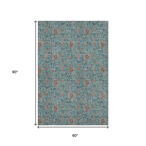 HomeRoots 5' X 8' Teal and Brown Floral Washable Area Rug - Durable, UV-Protected, Stain-Resistant Design for Homes 655020