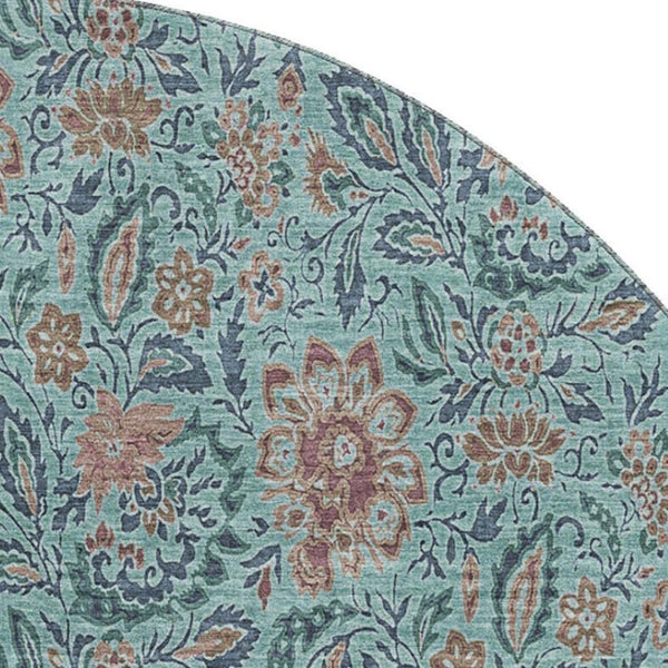 HomeRoots 8' Teal and Brown Floral Round Washable Rug with UV Protection for Indoor & Outdoor Use, Durable Design 655021