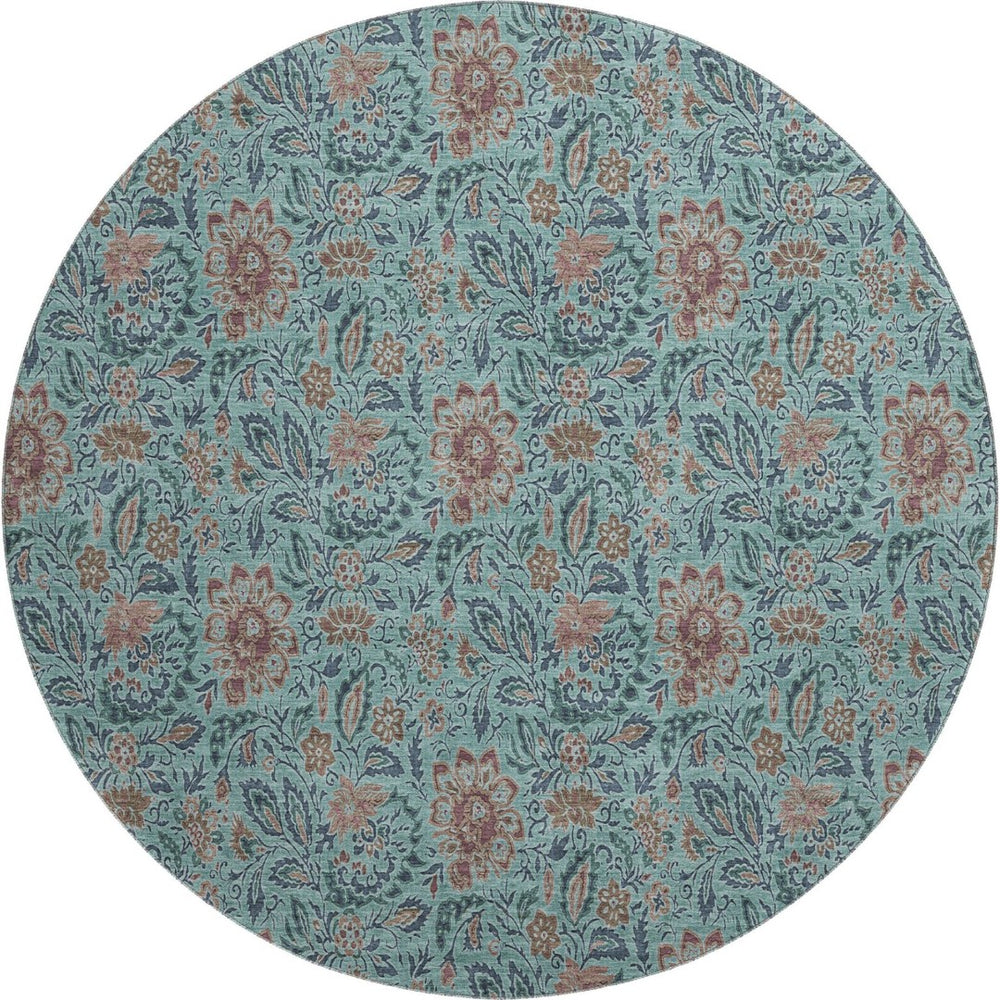 HomeRoots 8' Teal and Brown Floral Round Washable Rug with UV Protection for Indoor & Outdoor Use, Durable Design 655021