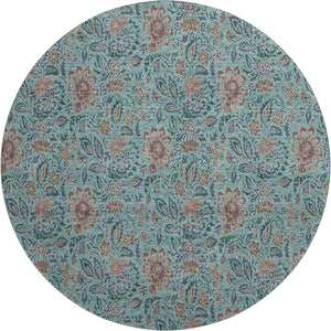 HomeRoots 8' Teal and Brown Floral Round Washable Rug with UV Protection for Indoor & Outdoor Use, Durable Design 655021