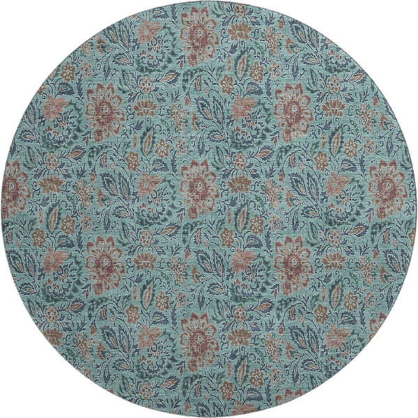 HomeRoots 8' Teal and Brown Floral Round Washable Rug with UV Protection for Indoor & Outdoor Use, Durable Design 655021