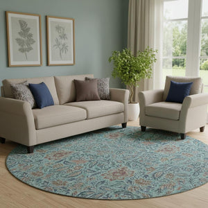 HomeRoots 8' Teal and Brown Floral Round Washable Rug with UV Protection for Indoor & Outdoor Use, Durable Design 655021