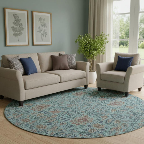 HomeRoots 8' Teal and Brown Floral Round Washable Rug with UV Protection for Indoor & Outdoor Use, Durable Design 655021