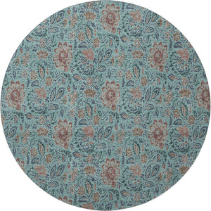 HomeRoots 8' Teal and Brown Floral Round Washable Rug with UV Protection for Indoor & Outdoor Use, Durable Design 655021