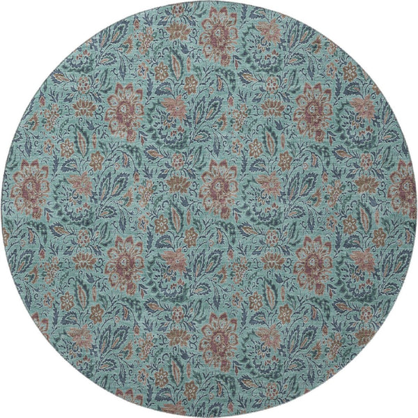 HomeRoots 8' Teal and Brown Floral Round Washable Rug with UV Protection for Indoor & Outdoor Use, Durable Design 655021