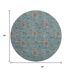 HomeRoots 8' Teal and Brown Floral Round Washable Rug with UV Protection for Indoor & Outdoor Use, Durable Design 655021