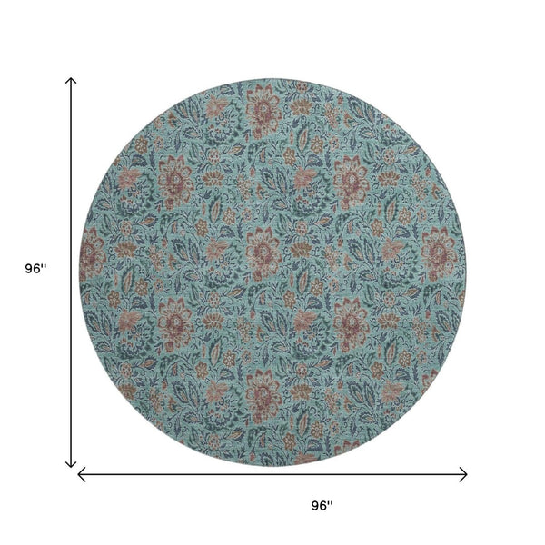 HomeRoots 8' Teal and Brown Floral Round Washable Rug with UV Protection for Indoor & Outdoor Use, Durable Design 655021