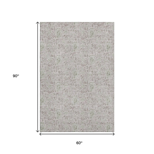 HomeRoots 5' X 8' Taupe & Beige Floral Washable Area Rug - Durable, Stylish, UV-Protected for Easy Care 655026