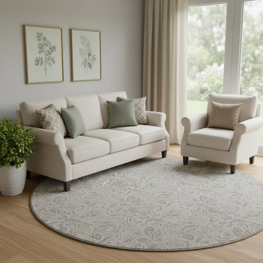 HomeRoots 8' Stylish Taupe and Beige Floral Washable Round Rug - UV Protected, Stain-Resistant & Easy Care! 655027