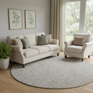 HomeRoots 8' Stylish Taupe and Beige Floral Washable Round Rug - UV Protected, Stain-Resistant & Easy Care! 655027