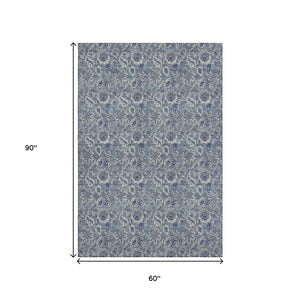 HomeRoots 5' X 8' Elegant Blue and Gray Floral Washable Area Rug with UV Protection for Stylish Living Spaces 655032