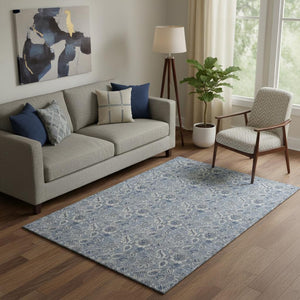 HomeRoots 5' X 8' Elegant Blue and Gray Floral Washable Area Rug with UV Protection for Stylish Living Spaces 655032