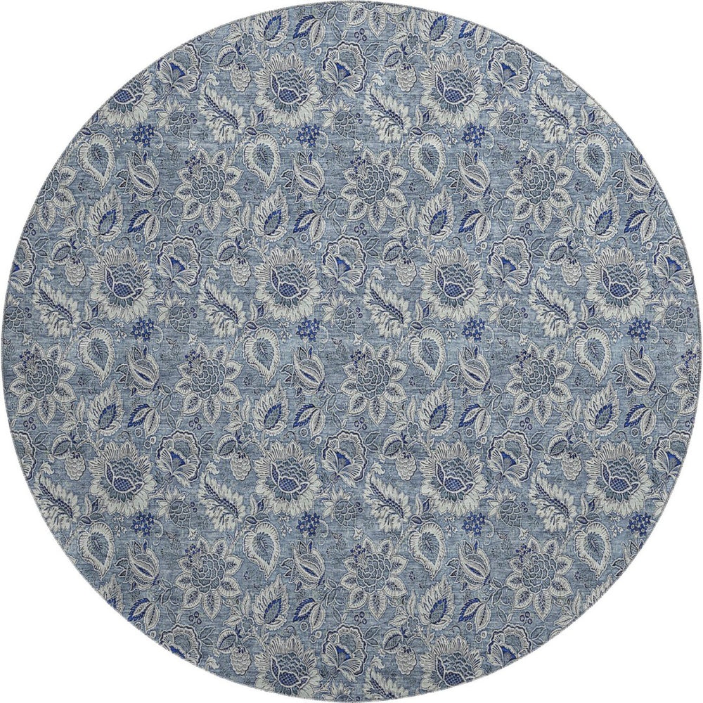 HomeRoots 8' Blue and Gray Floral Round Rug - Washable, UV Protected, Stain-Resistant for Family Spaces 655033