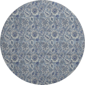 HomeRoots 8' Blue and Gray Floral Round Rug - Washable, UV Protected, Stain-Resistant for Family Spaces 655033