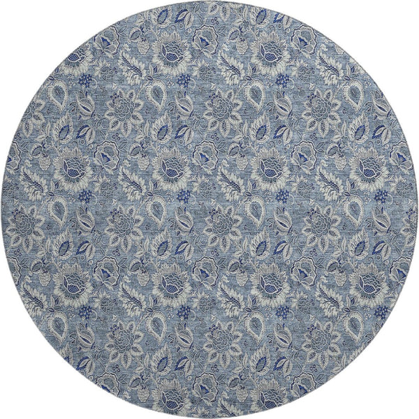 HomeRoots 8' Blue and Gray Floral Round Rug - Washable, UV Protected, Stain-Resistant for Family Spaces 655033