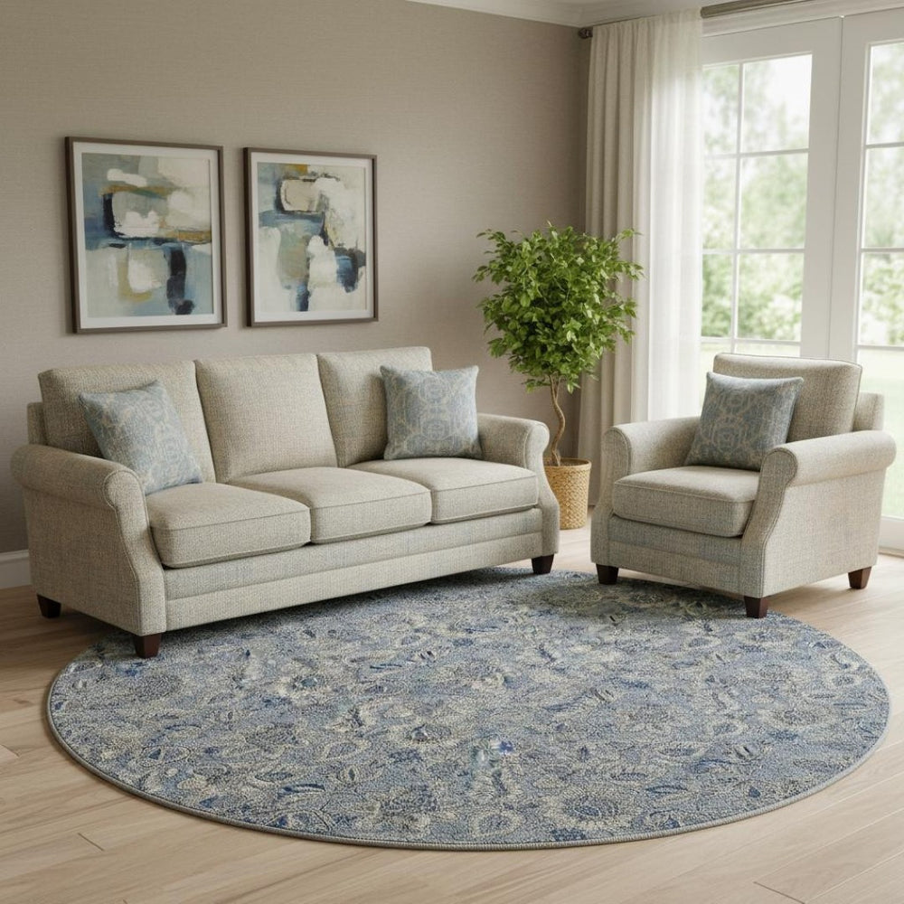 HomeRoots 8' Blue and Gray Floral Round Rug - Washable, UV Protected, Stain-Resistant for Family Spaces 655033